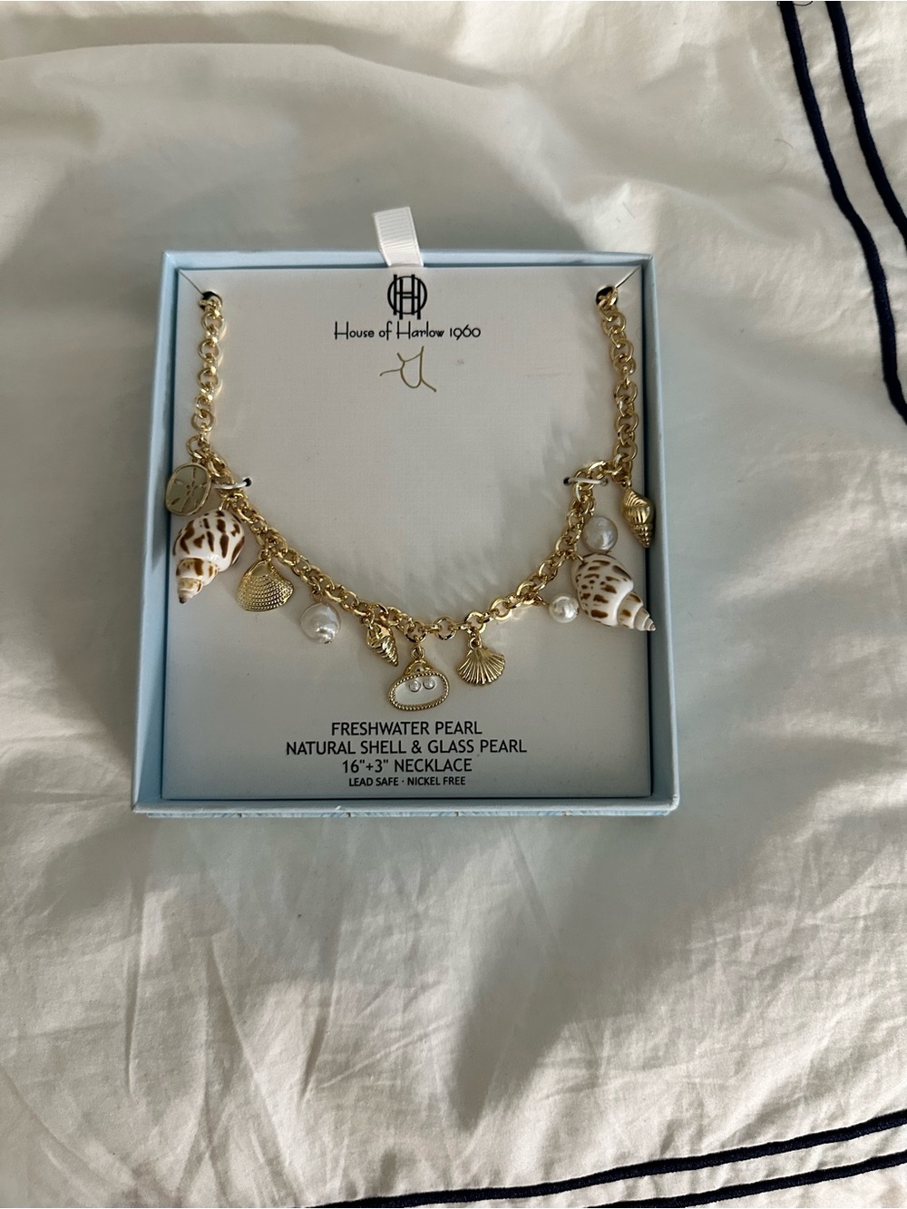 House of Harlow 1960 Gold Shell & Pearl Charm Link Necklace